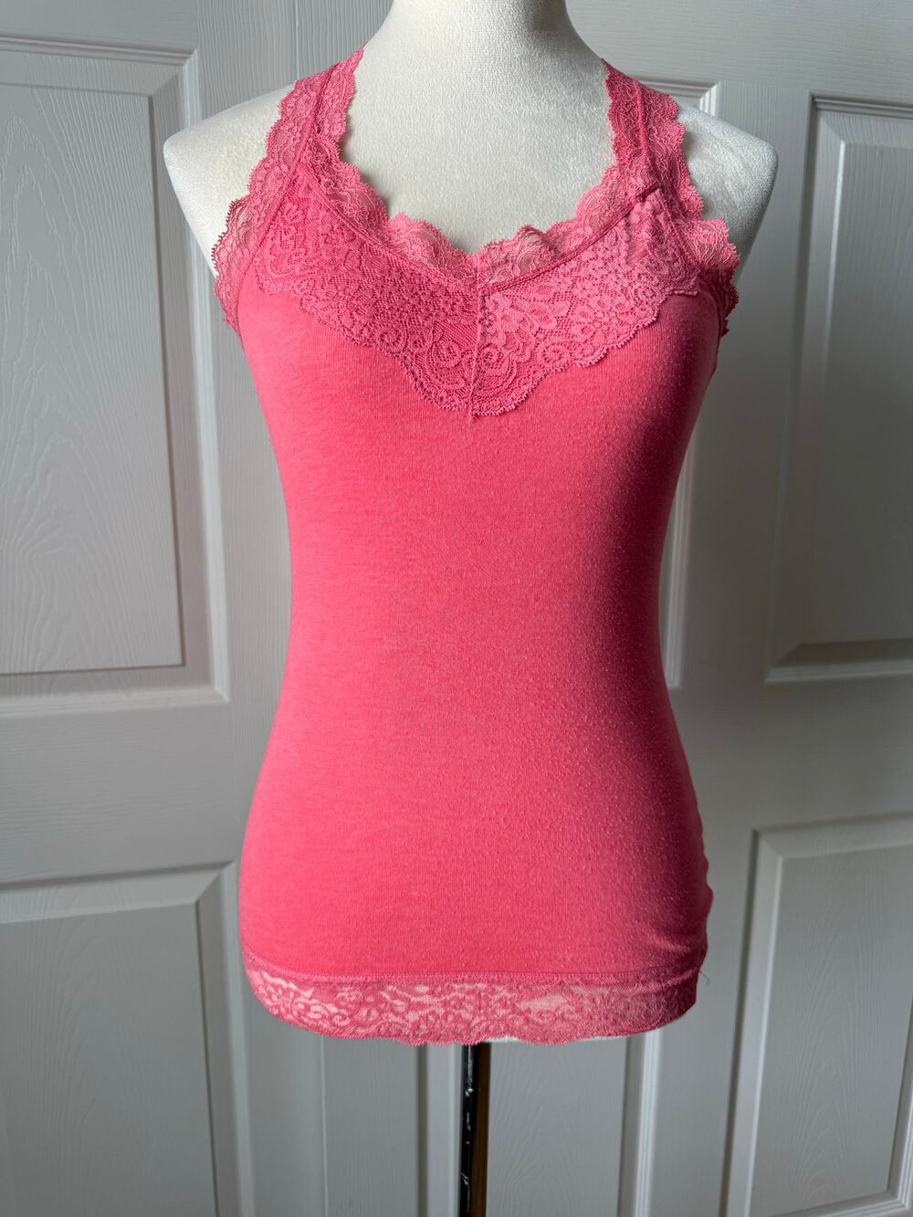 Mossimo Supply Co Y2K Lace Trim Stretch Tank Top Cami Pink Melon Size Small